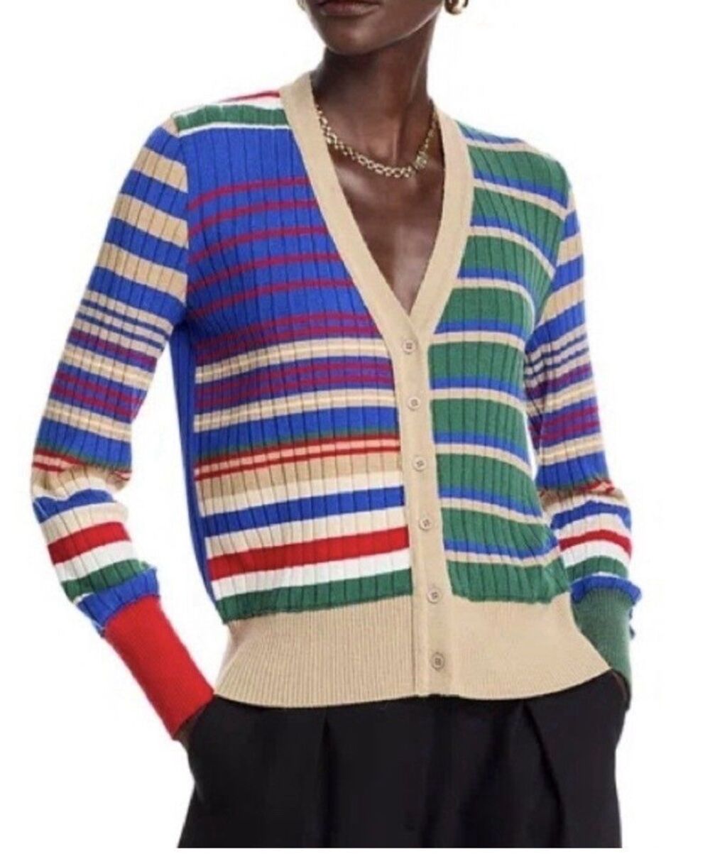 ALDO MARTINS Talo V Neck Striped Sand Knitted Long Sleeve Cardigan XL Sweater